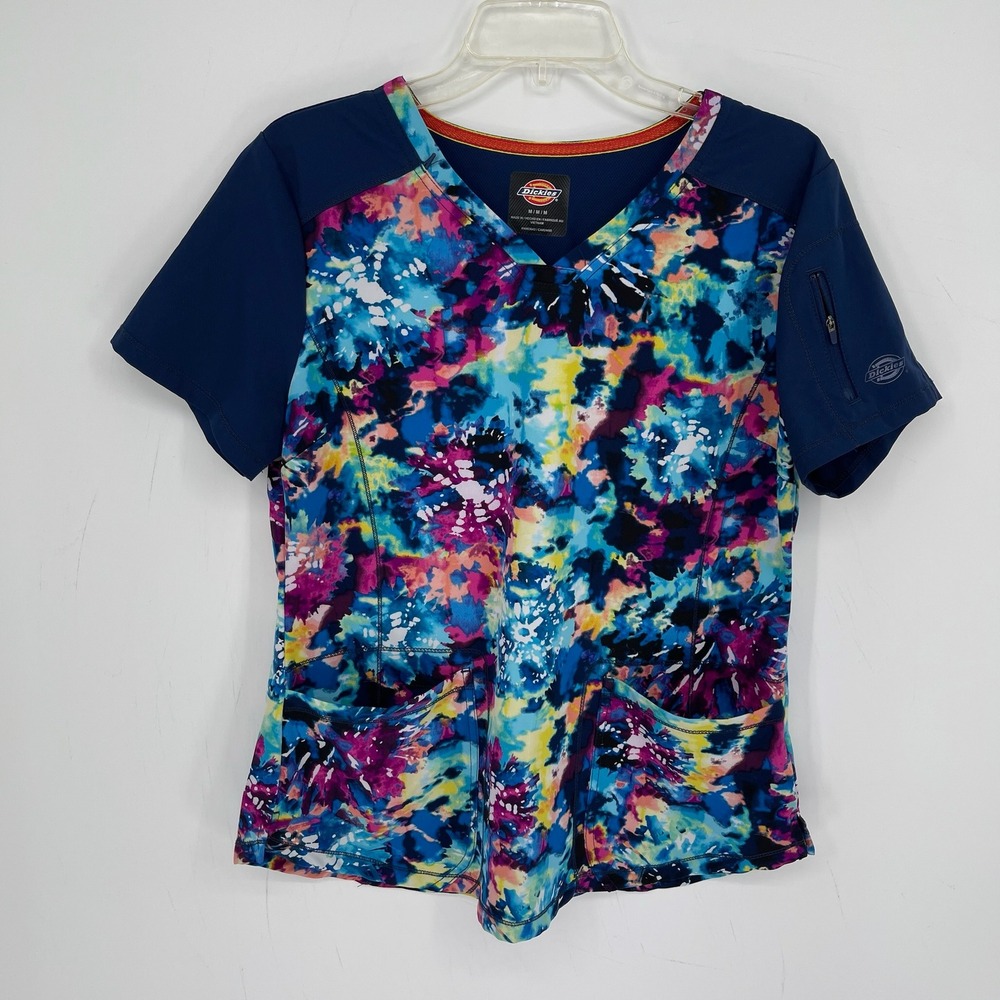 Dickies Women's Blue Abstract Tie Dye V-Neck Short Sleeve Nurse Scrub Top Size M